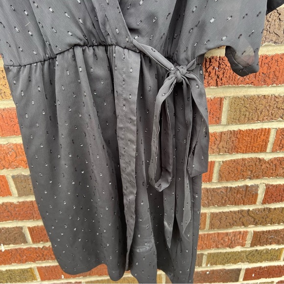 Express Black Sheer Chiffon Glitter Layered Wrap Wide Sleeve Belted Dress - Picture 6 of 6